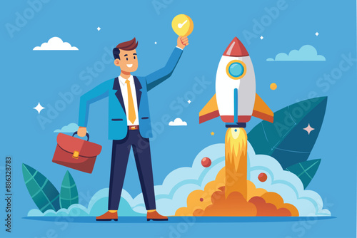 Venture Capital Funding: Confident Businessman Launches Startup Rocket with Supporter's Hand