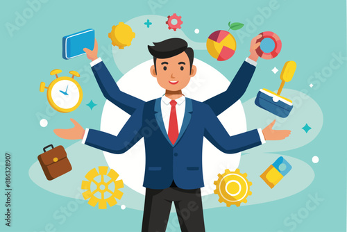 Smart Businessman Juggling Multiple Tools for Enhanced Work Productivity, Efficiency, and Effective Project Management
