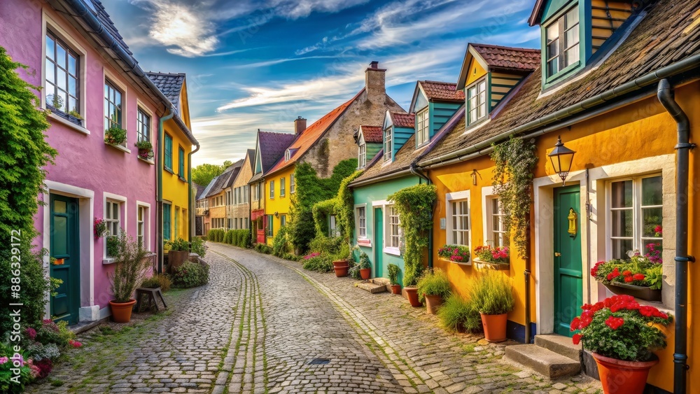 Obraz premium Charming village with cobblestone streets and colorful houses , scenic, quaint, architecture, European, historic
