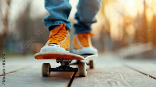 A skateboarder casually rides on a skateboard at sunset, highlighting the laid-back and relaxed vibe of skateboarding culture, wrapped in a warm, golden hour ambiance in an outdoor setting.