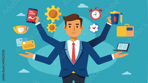 Smart Businessman Juggling Multiple Tools for Enhanced Work Productivity, Efficiency, and Effective Project Management