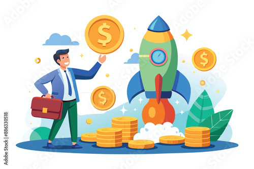Venture Capitalist Funding Startup with Coins, Fueling Innovative Business Rocket Launch