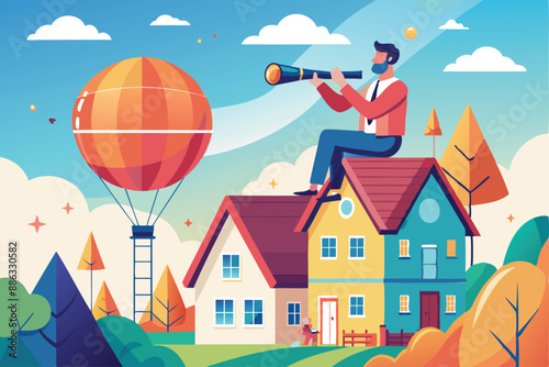 Rising Home Mortgage Interest Rates: House Owner with Telescope on Flying Balloon House Exploring Real Estate Investment Opportunities