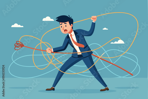 Tangled in Business Problems: Frustrated Businessman Struggling with Messy Rope Complications and Difficulties