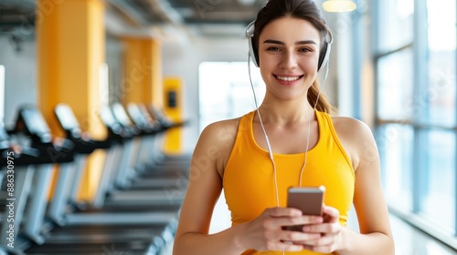 Active lifestyle Woman in sportswear enjoys music on smartphone after gym session. photo