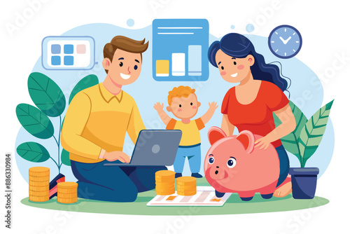 Smart parents planning child care expenses with baby piggybank and teether, budgeting savings for new family member