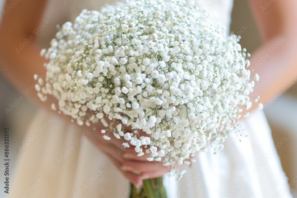 A bride holding a delicate white babys breath bouquet on her wedding day, Delicate baby's breath flowers adding a touch of elegance to a bouquet A bride holding a delicate white babys breath bouquet on her wedding day, Delicate baby's breath flowers adding a touch of elegance to a bouquet