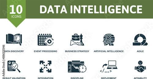Data Intelligence icon set. Data Discovery, Event Processing, Business Strategy, Artificial Intelligence, Agile, Result Validation, Integration, Discipline, Deployment, Affability icons.