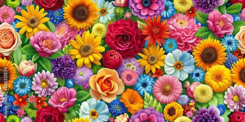 Seamless pattern featuring assorted flowers in a vibrant and colorful design, floral, seamless, pattern, flowers