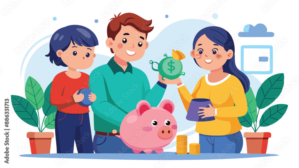 Smart parents planning child care expenses with baby piggybank and teether, budgeting savings for new family member Smart parents planning child care expenses with baby piggybank and teether, budgeting savings for new family member