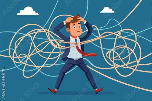 Tangled in Business Problems: Frustrated Businessman Struggling with Messy Rope Complications and Difficulties