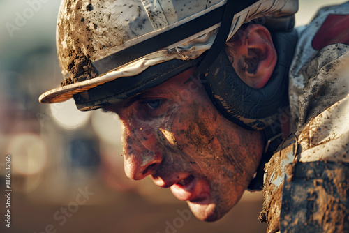 Determined jockey with mud-covered face