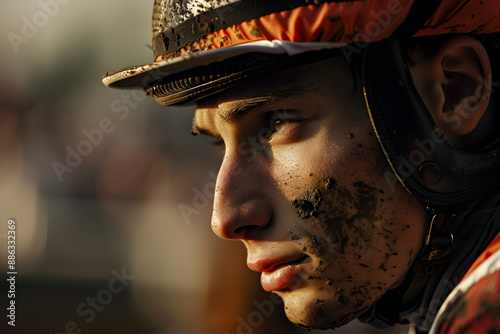 Focused jockey with mud-splattered face