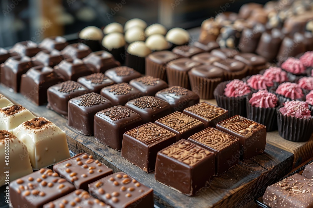A table filled with assorted chocolates in various shapes, including hearts, stars, and squares A table filled with assorted chocolates in various shapes, including hearts, stars, and squares