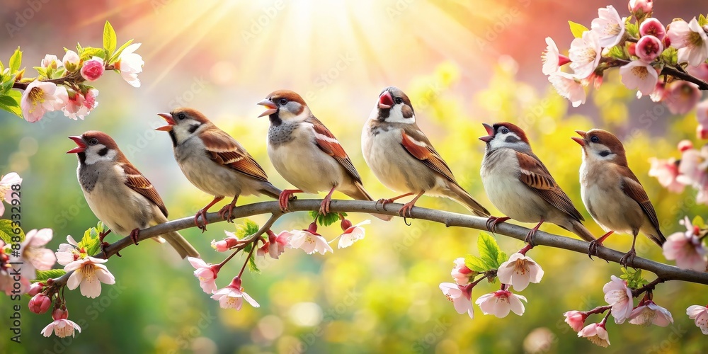 Flock of sparrows singing happily on tree branches with spring flowers and sunlight , Spring, sunlight, flowers, tree, sparrows Flock of sparrows singing happily on tree branches with spring flowers and sunlight , Spring, sunlight, flowers, tree, sparrows