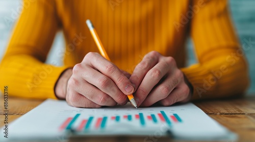 Close-up of hands writing on a sheet of paper with a pencil.  The paper has a colorful graph on it. photo