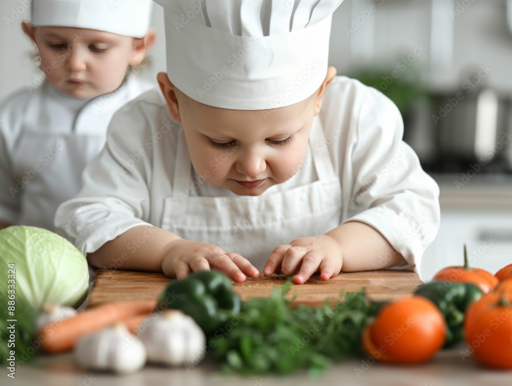 Two adorable babies in chef hats prepare vegetables in the kitchen. Two adorable babies in chef hats prepare vegetables in the kitchen.