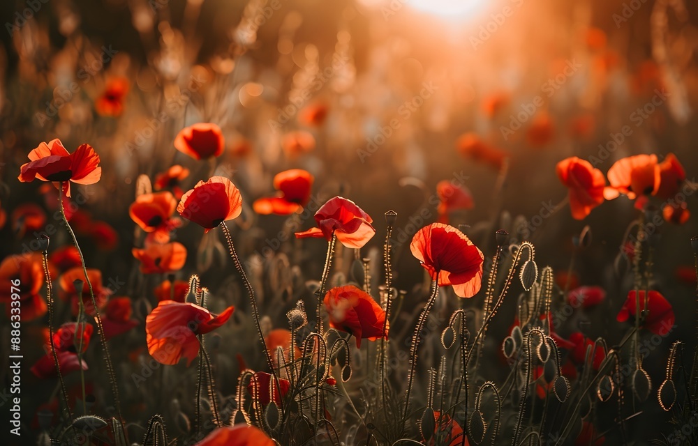 Obraz premium Red Poppy Field at Golden Hour Sunset