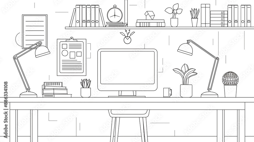 sketch of furniture, line art of office environment, 2d illustration of desk sketch of furniture, line art of office environment, 2d illustration of desk