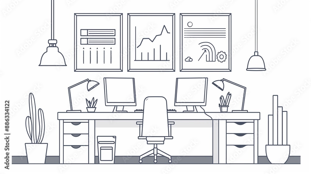 sketch of furniture, line art of office environment, 2d illustration of desk
