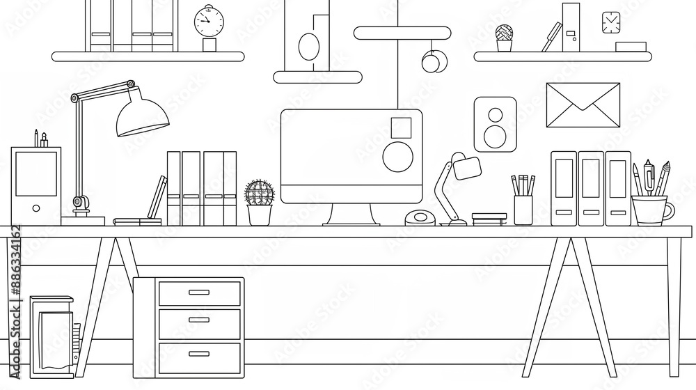 sketch of furniture, line art of office environment, 2d illustration of desk sketch of furniture, line art of office environment, 2d illustration of desk