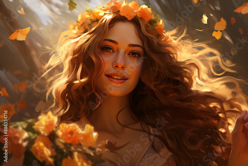 a woman with long hair and flowers in her hair