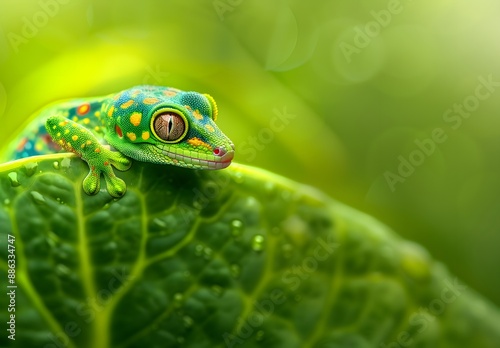 Vibrant Green Gecko on Leaf, National Geographic Style photo