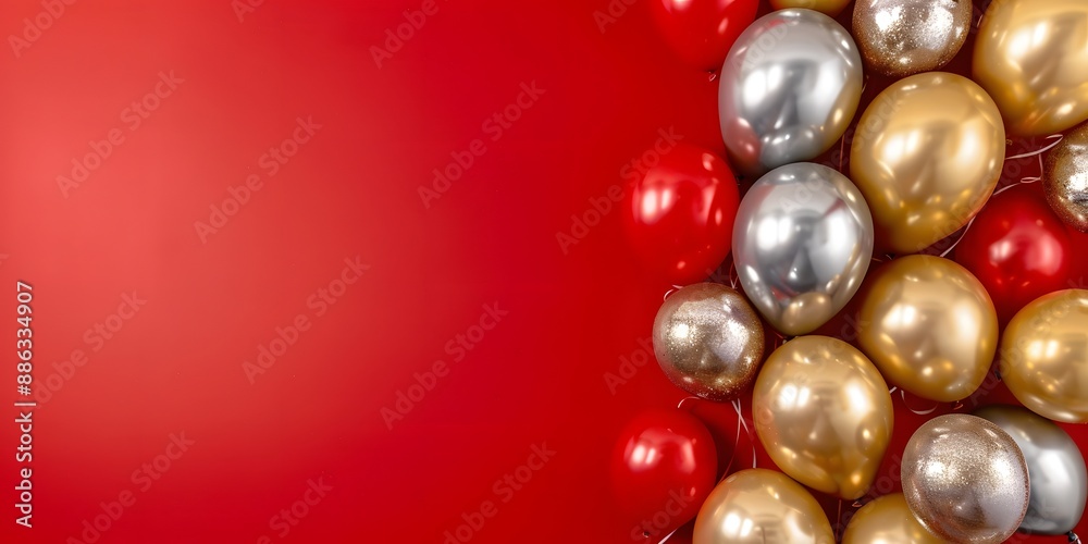 Fototapeta premium Gold Silver Balloons Red Background Birthday Party Decor