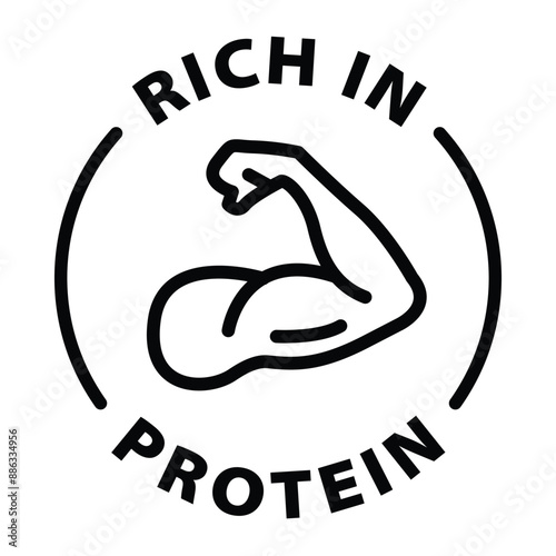 rich in protein black outline icon round rounded circle badge stamp label isolated on transparent background