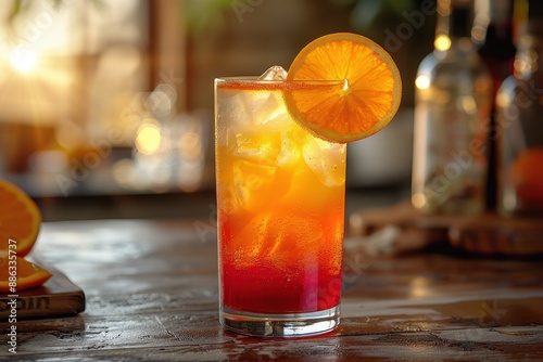 A tequila sunrise cocktail in a tall glass, with grenadine creating a gradient effect, topped with an orange slice.