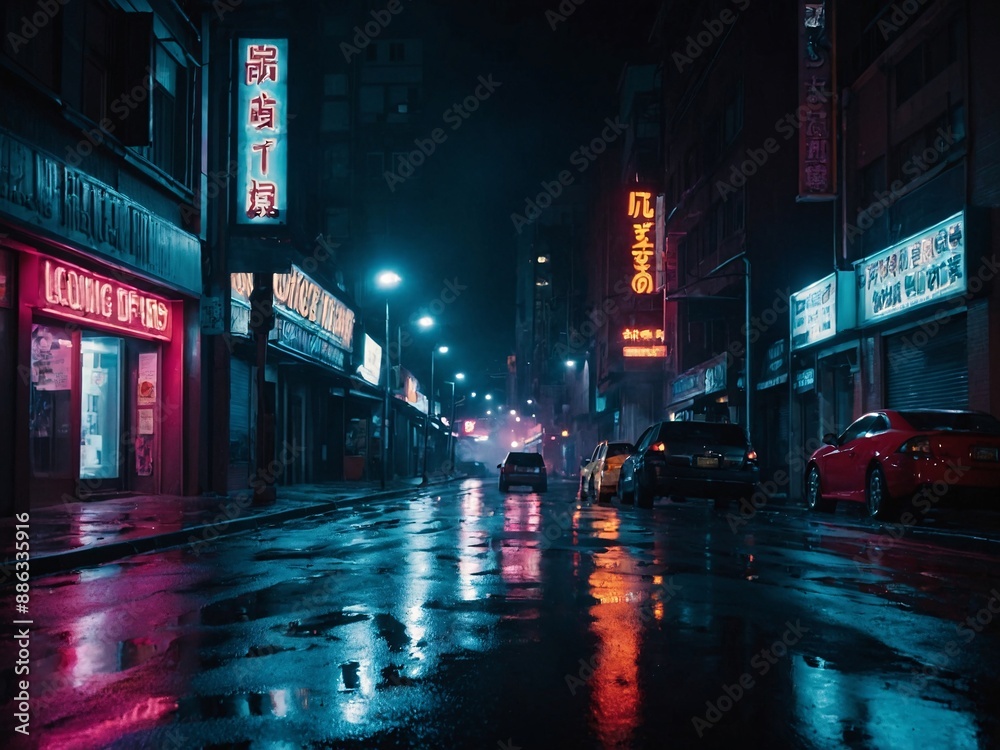 Urban Night View Neon Reflections and Smoke on Wet Street Urban Night View Neon Reflections and Smoke on Wet Street