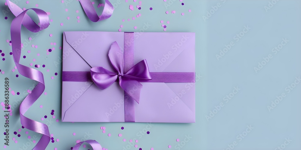 Celebrate Special Occasions with a Violet Envelope, Ribbon Confetti, and Gift Certificate. Concept Special Occasions, Violet Envelope, Ribbon Confetti, Gift Certificate Celebrate Special Occasions with a Violet Envelope, Ribbon Confetti, and Gift Certificate. Concept Special Occasions, Violet Envelope, Ribbon Confetti, Gift Certificate