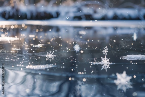Wallpaper Mural Snowflakes gently falling and floating on a frozen pond, Delicate snowflakes falling gently on a frozen pond Torontodigital.ca