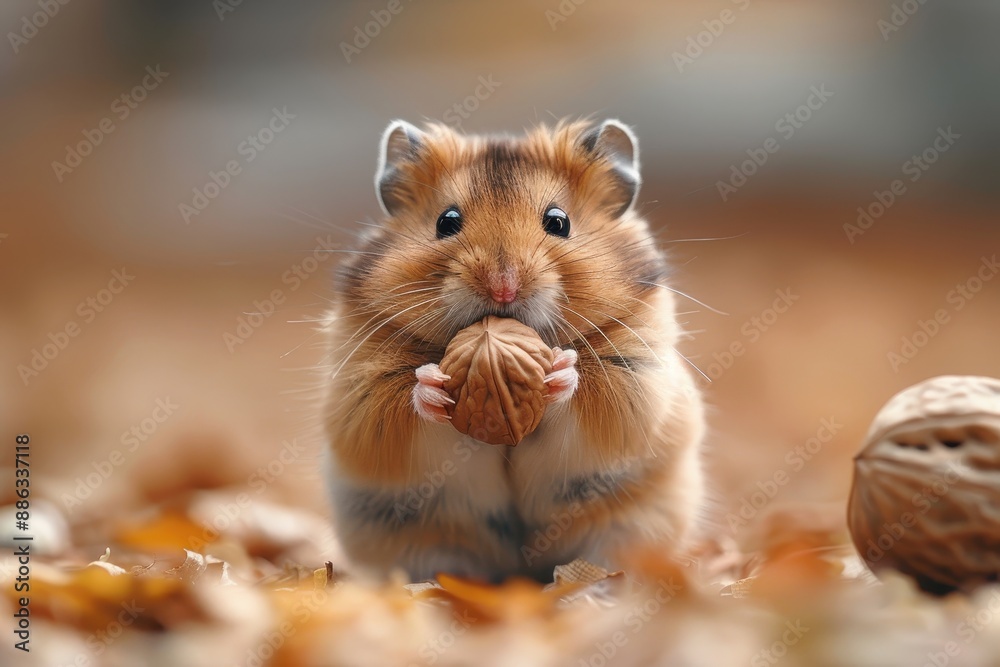 A tiny hamster holding a walnut in its paws, sitting on a soft bed of wood shavings. The hamster's cheeks are puffed up with food A tiny hamster holding a walnut in its paws, sitting on a soft bed of wood shavings. The hamster's cheeks are puffed up with food