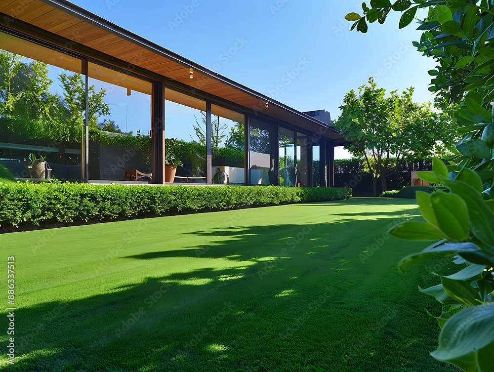 A lush green lawn, meticulously trimmed, surrounding a modern house with large windows reflecting the clear blue sky, a peaceful oasis of tranquility. A lush green lawn, meticulously trimmed, surrounding a modern house with large windows reflecting the clear blue sky, a peaceful oasis of tranquility.