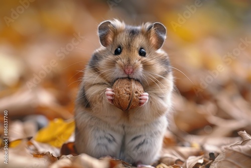 A tiny hamster holding a walnut in its paws, sitting on a soft bed of wood shavings. The hamster's cheeks are puffed up with food 