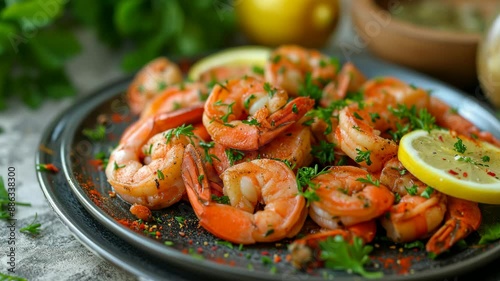 Freshly Cooked Shrimp Plate with Lemon and Herbs