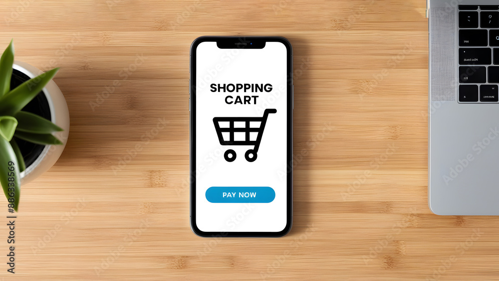 Modern smartphone displaying shopping cart and pay now page on an e-commerce platform. Digital business and online retail concept background, banner Modern smartphone displaying shopping cart and pay now page on an e-commerce platform. Digital business and online retail concept background, banner