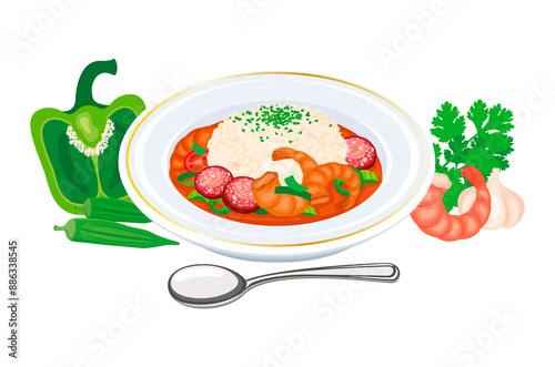 Gumbo soup with shrimp, sausage and rice illustration. Plate of soup with vegetables, okra, green bell pepper, sausage, and shrimp icon isolated on a white background. Classic meal in Louisiana