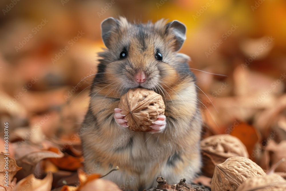 A tiny hamster holding a walnut in its paws, sitting on a soft bed of wood shavings. The hamster's cheeks are puffed up with food 