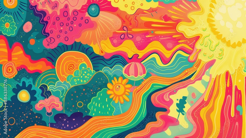 Abstract Summer wallpaper, background design with many colorful flowers and the Sun. Generative Ai Abstract Summer wallpaper, background design with many colorful flowers and the Sun. Generative Ai