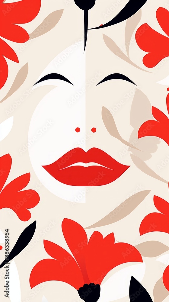 custom made wallpaper toronto digitalA white face with red lips and closed eyes smiles amidst a background of red floral designs and black stems on a beige canvas