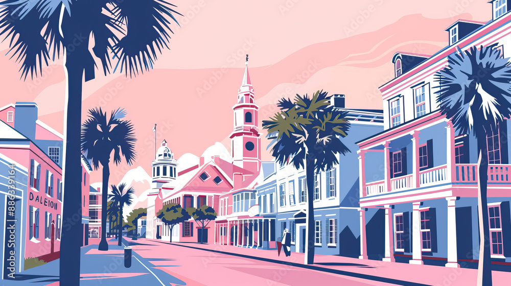 Fototapeta premium Risograph riso print travel poster, card, wallpaper or banner illustration, modern, isolated, clear, simple of Charleston, South Carolina, USA. Artistic, screen printing, stencil