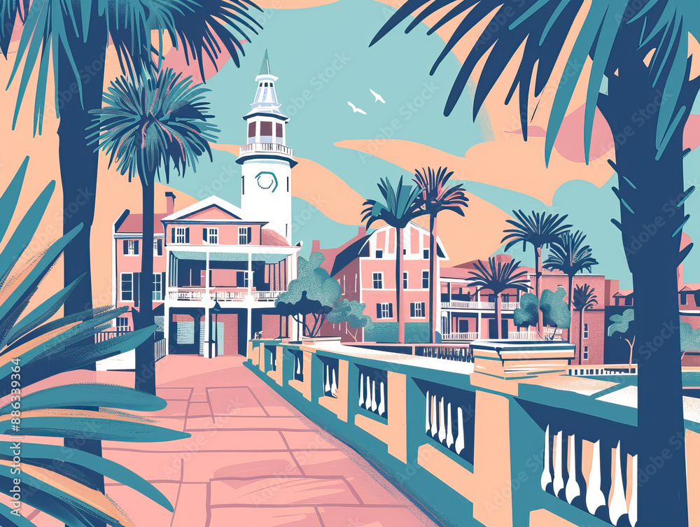 Fototapeta premium Risograph riso print travel poster, card, wallpaper or banner illustration, modern, isolated, clear, simple of Charleston, South Carolina, USA. Artistic, screen printing, stencil