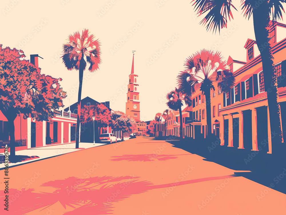 Fototapeta premium Risograph riso print travel poster, card, wallpaper or banner illustration, modern, isolated, clear, simple of Charleston, South Carolina, USA. Artistic, screen printing, stencil