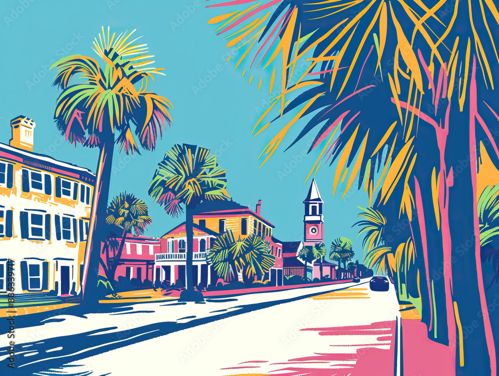 Fototapeta premium Risograph riso print travel poster, card, wallpaper or banner illustration, modern, isolated, clear, simple of Charleston, South Carolina, USA. Artistic, screen printing, stencil