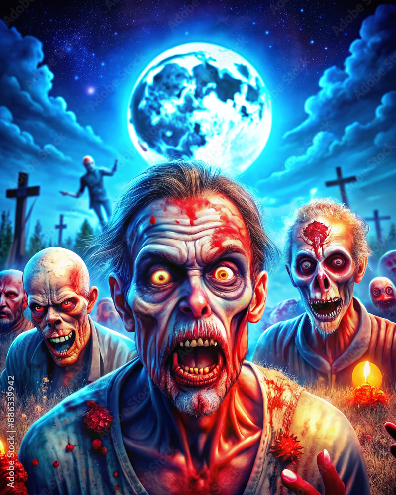 Many zombies are rising from their graveyard holes on a full moon Halloween night. Many zombies are rising from their graveyard holes on a full moon Halloween night.