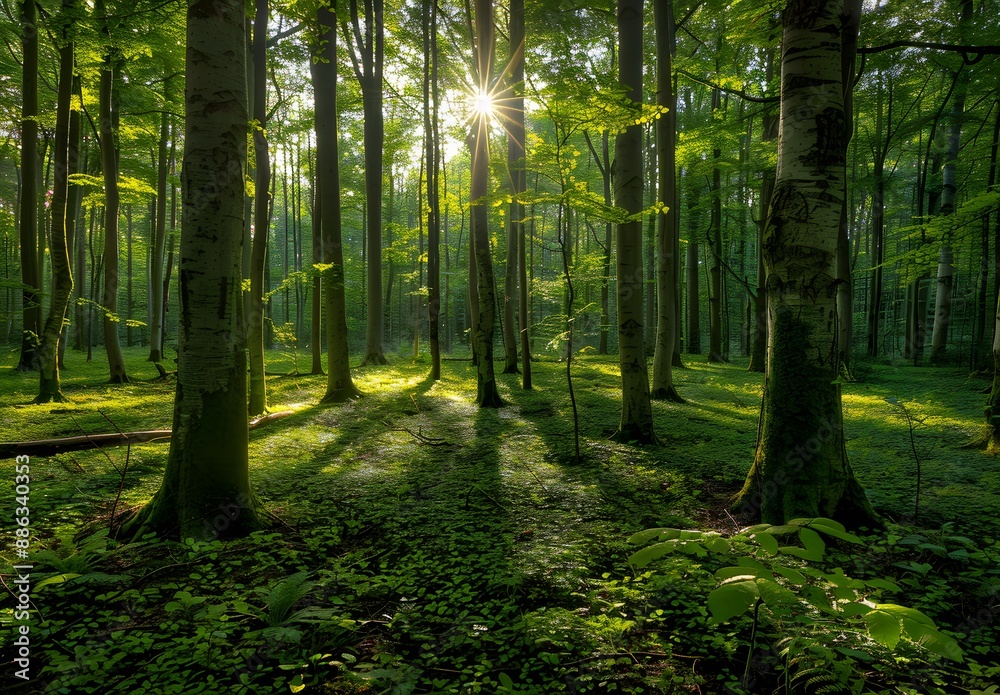 Obraz premium Sunbeams Through Spring Forest Canopy