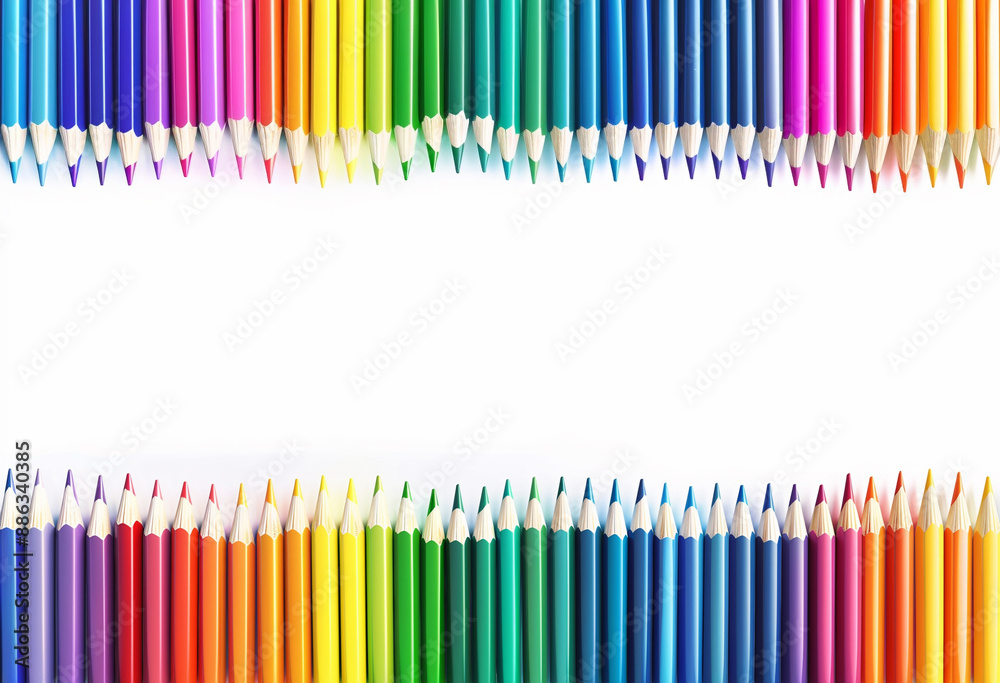 A row of colourful rainbow pencils with a white background A row of colourful rainbow pencils with a white background