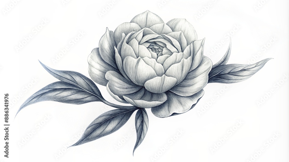 Beautifully detailed black and white peony in a decorative tattoo design. It has a pure white background to highlight its natural charm Beautifully detailed black and white peony in a decorative tattoo design. It has a pure white background to highlight its natural charm